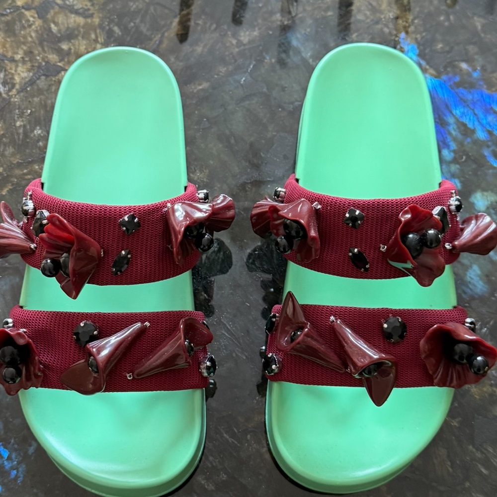 Tory Burch Embellished Slide Sandals Rhubarb//Spring Green NEW 8 M